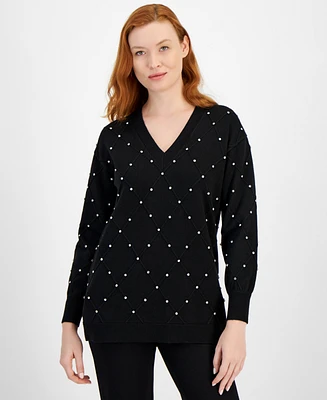 Anne Klein Petite V-Neck Embellished Long-Sleeve Sweater