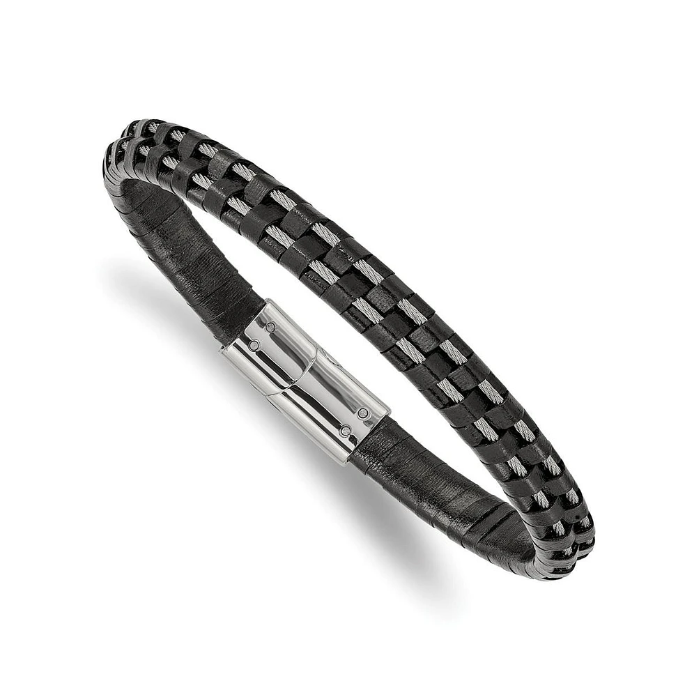 Chisel Stainless Steel Polished Cable and Leather Bracelet