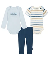 Calvin Klein Baby Boy Long Sleeve Logo Bodysuit, Short Multistripe Bodysuit and Solid Joggers, 3 piece set