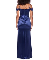 B Darlin Juniors' Cowl-Neck High-Slit Boned-Bodice Gown