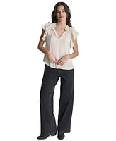 Dkny Jeans Women's Ruffle-Trim Split-Neck Top