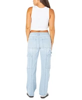 Juniors' Mid Rise Cargo Seamed Wide Leg Jean