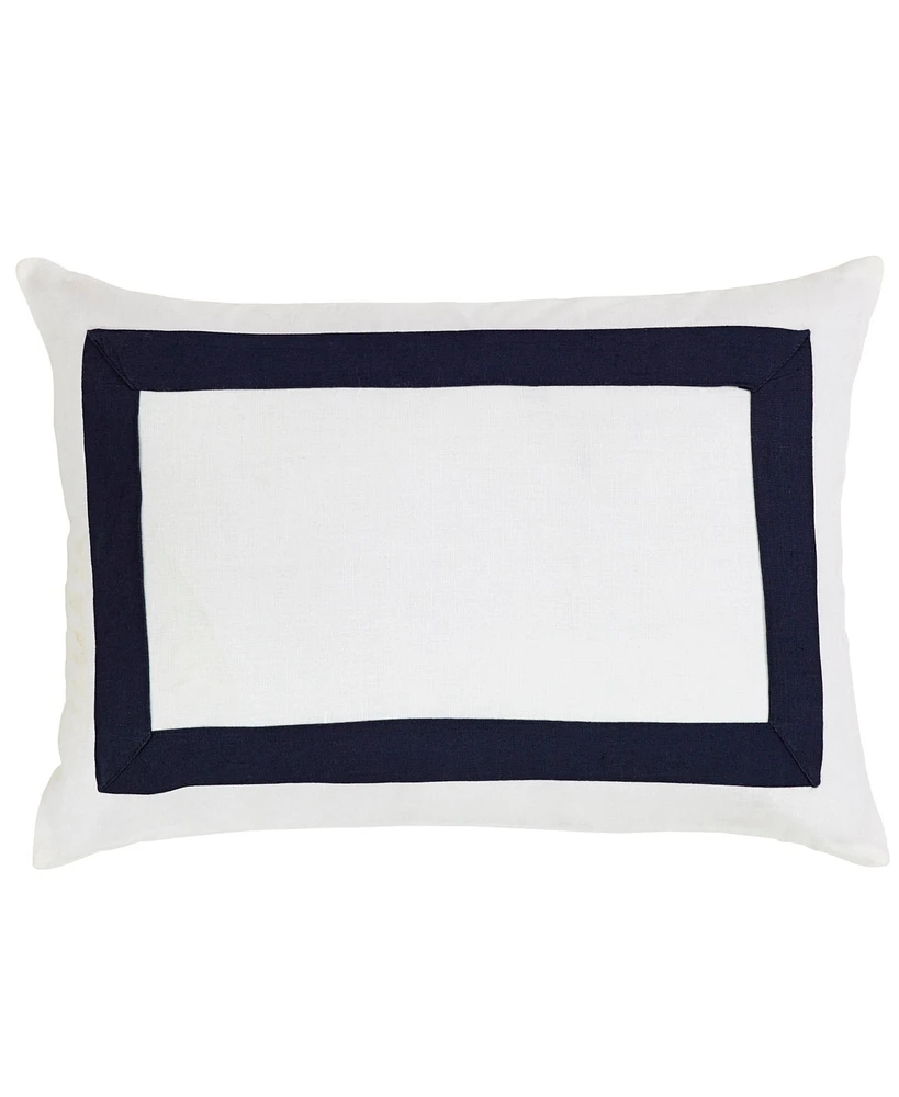 Ihi Home White Linen Cotton Pillow with Navy Border, White Navy