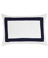 Ihi Home White Linen Cotton Pillow with Navy Border, White Navy