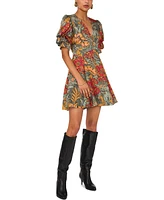 1.state Women's Floral V-Neck Tiered Bubble Puff Sleeve Mini Dress