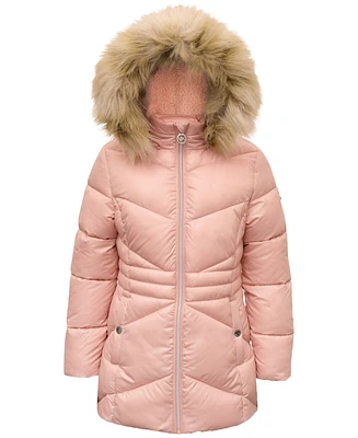 Michael Kors Big Girls Stadium Puffer Jacket with Faux-Fur Trim