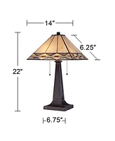 Art Deco Tiffany Style Accent Table Lamp 21.5" High Mission Bronze Brown Antique Cream Amber Stained Glass Shade Decor for Living Room Bedroom House B