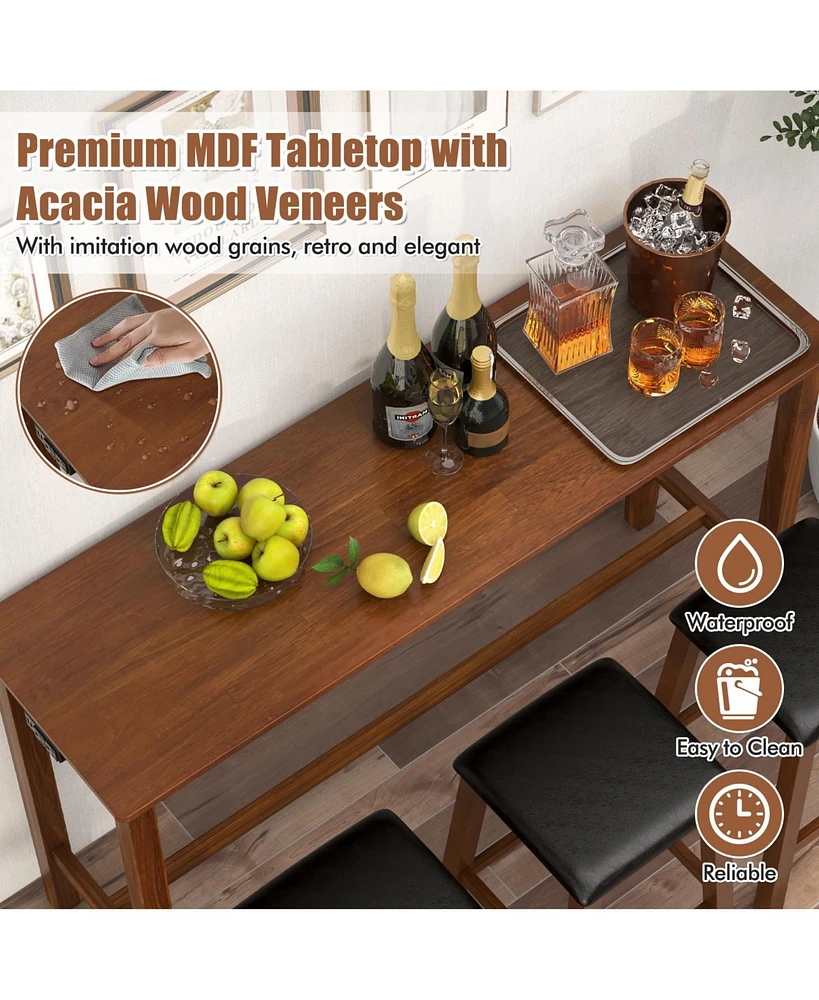 Slickblue 4-Piece Bar Table Set Counter-Height Table and 3 Pvc Leather Upholstered Bar Stools-Brown