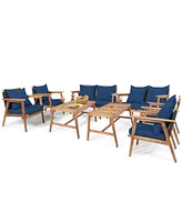 Gymax 8PCS Patio Conversation Set Wood Frame Furniture Set w/ Navy Cushions