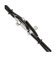 Chisel Stainless Steel Sideways Cross 2 Strand Black Leather Bracelet