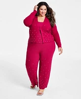 Nina Parker Trendy Plus Size Embellished Rib Knit Cardigan Tank Pants