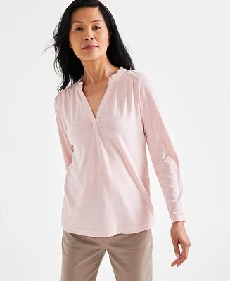 Style & Co Women's Cotton Long Sleeve Ruffled Top, Created for Macy's