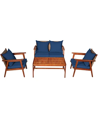 Slickblue 4 Piece Acacia Wood Patio Rattan Furniture Set