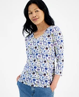 Style & Co Women's Printed 3/4 Sleeve V-Neck Top, Created for Macy's