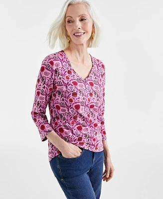 Style & Co Women's Printed 3/4 Sleeve V-Neck Top, Created for Macy's