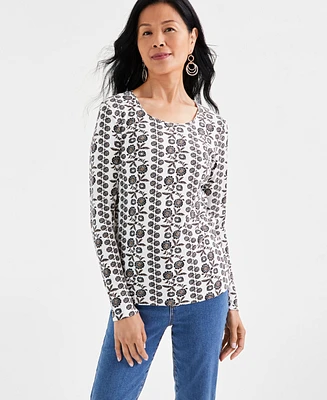 Style & Co Petite Floral Vine Scoop-Neck Long-Sleeve T-Shirt, Created for Macy's