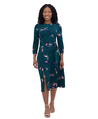 Jessica Howard Petite Printed 3/4-Sleeve Belted Midi Dress