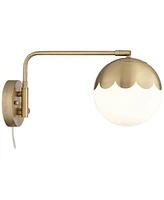 Kelowna Modern Indoor Swing Arm Wall Lamp Antique Brass Metal Plug-In Light Fixture Dimmable Globe Glass Shade for Bedroom Bedside House Reading Livin