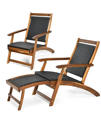 Gymax Set of 2 Folding Patio Acacia Wood Deck Chair Rattan Chaise Lounge Chair w/ Footrest