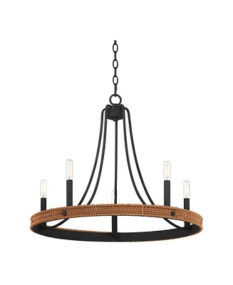 Franklin Iron Works Navarro Black Wagon Wheel Chandelier 24 1/2" Wide Farmhouse Rustic Wood Ring 5