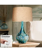 Possini Euro Design Kenya Modern Tropical Table Lamp with Dimmer 29 1/2" Tall Blue Green Glaze Ceramic Beige Linen Drum Shade for Bedroom Living Room