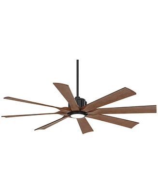 Possini Euro Design 60" Defender Modern Industrial Indoor Outdoor Ceiling Fan 8 Blade Led Light Remote Control Matte Black Finish Brown Blades Bedroom