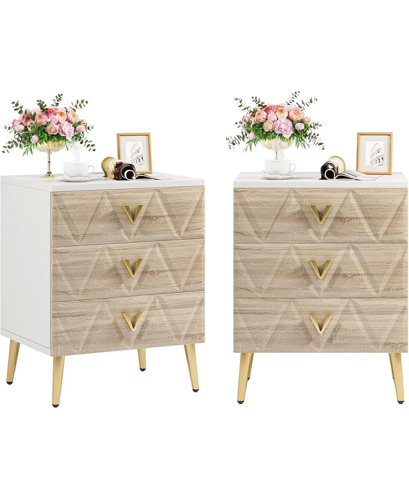 Tribesigns 3-Drawer Nightstand Set of 2, Luxury Bedside Table End with Storage Drawers and Golden Legs, Modern for Bedroom