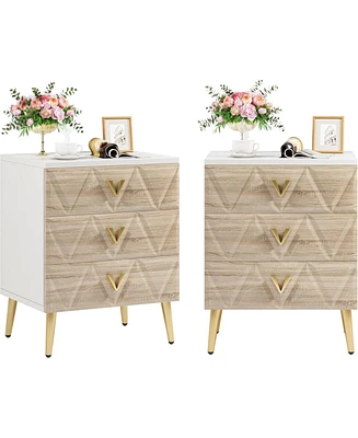 Tribesigns 3-Drawer Nightstand Set of 2, Luxury Bedside Table End with Storage Drawers and Golden Legs, Modern for Bedroom