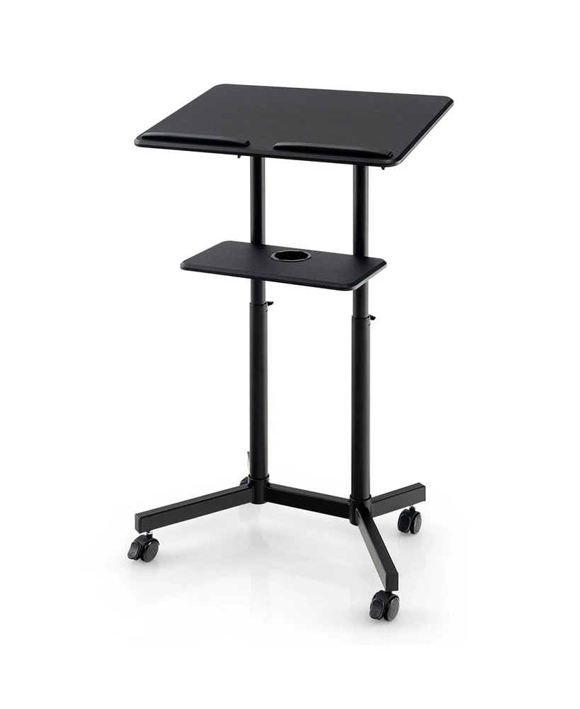 Slickblue Mobile Lectern Podium Height-adjustable Rolling Laptop Cart with Tilting Top Storage Tray