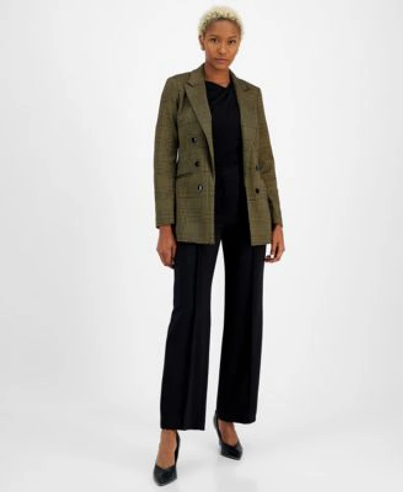 Bar Iii Womens Plaid Open Front Faux Double Breasted Blazer Asymmetric Neck Long Sleeve Top High Rise Wide Leg Pants Created For Macys