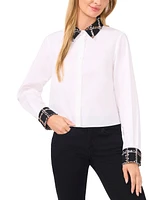 CeCe Women's Tweed-Trim Button-Front Mixed-Media Blouse