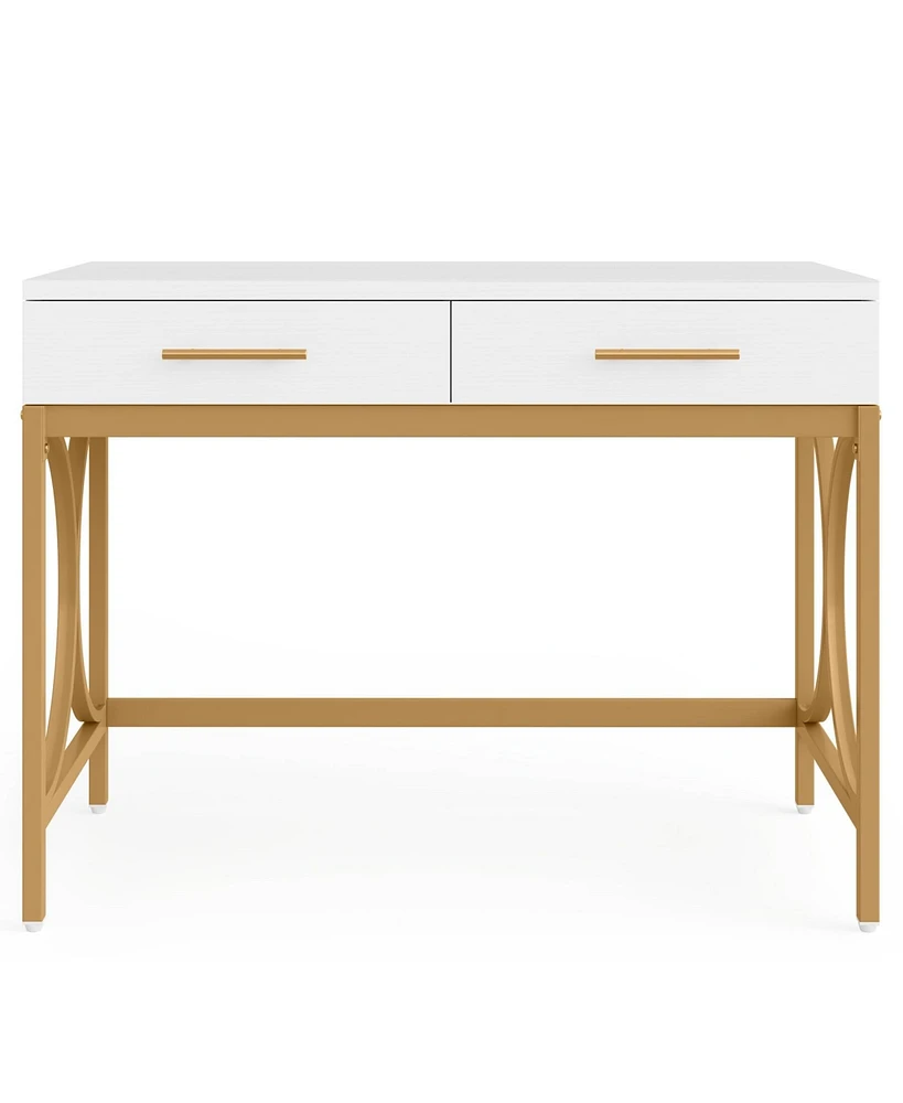 Tribesigns Computer Desk with Two Drawers, Modern Study Writing Desk with Storage, Makeup Vanity Table Office Desk with Gold Metal Frame for Home Offi