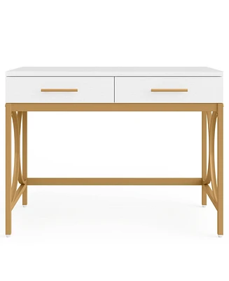 Tribesigns Computer Desk with Two Drawers, Modern Study Writing Desk with Storage, Makeup Vanity Table Office Desk with Gold Metal Frame for Home Offi