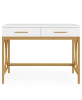 Tribesigns Computer Desk with Two Drawers, Modern Study Writing Desk with Storage, Makeup Vanity Table Office Desk with Gold Metal Frame for Home Offi