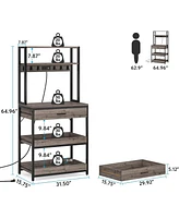 Tribesigns Bakers Rack with Power Outlets, 5-Tier Kitchen Storage Shelf, Microwave Oven Stand Drawer, 65”H Coffee Bar Table,