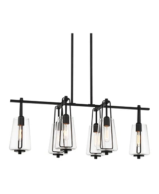 Possini Euro Design Wexford Black Island Linear Pendant Chandelier 36 1/2" Wide Mid Century Modern Clear Glass Curvy Shades 6-Light Fixture for Dining