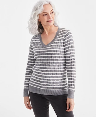 Style & Co Women's Cotton Striped Cable-Knit V-Neck Sweater, Created for Macy's