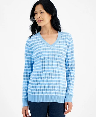 Style & Co Women's Cotton Striped Cable-Knit V-Neck Sweater, Created for Macy's