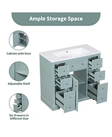 Streamdale Furniture 36" Green Bathroom Vanity with Sink, Cabinet, and Six Drawers