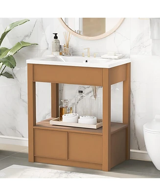 Simplie Fun 30" Brown Bathroom Vanity with Ceramic Sink, Open Shelf, 2 Drawers