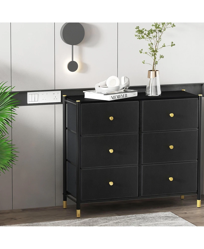 Simplie Fun 6-Drawer Dresser with Fabric Bins, Pu Leather Fronts, Black