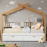 Whimsical House Bed with Drawers and Bookshelves