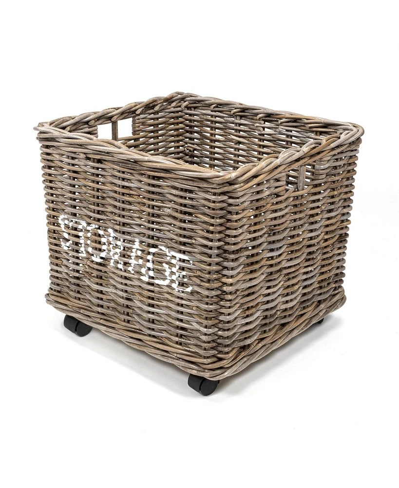 Jonathan Y Yael Coastal Hand-Woven "Storage" Rattan Basket with Wheels and Handles, Kubu Gray