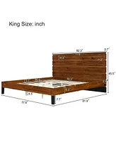 Mid-Century Modern Solid Wood King Bed with Six-Piece Headboard