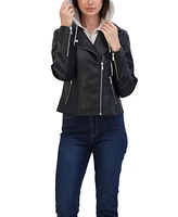 Sebby Collection Women's Faux Leather Biker Jacket With Removeable Hood Bib