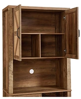 Rustic Oak Farmhouse Kitchen Cabinet with Faux Rattan Doors and Wine Storage
