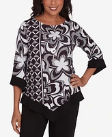 Alfred Dunner Runway Ready Women's Floral Geometric Top with A Contrast Trim Detachable Necklace