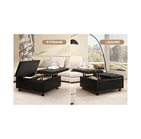 Pu Leather Oversized Storage Ottoman with Nailhead Trim