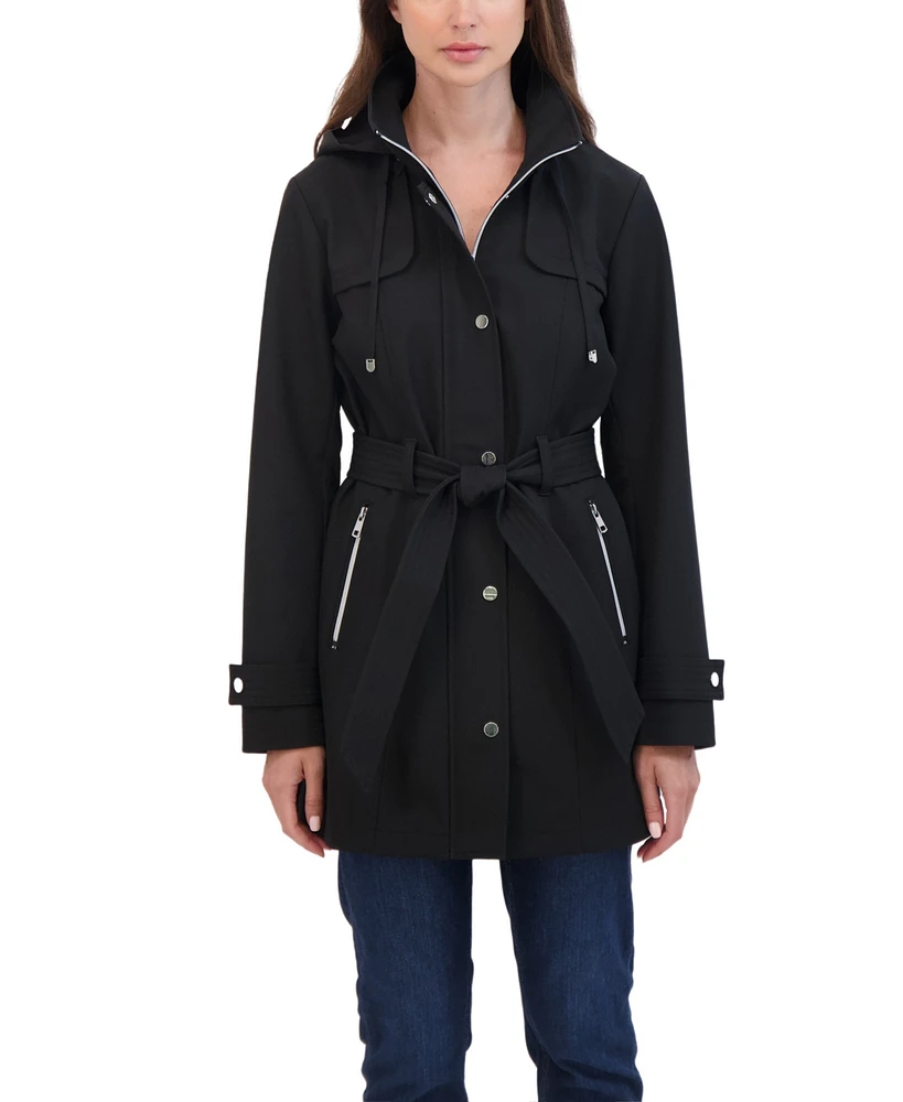 Sebby Collection Women's Belted Zip Front Soft Shell Trench Coat With Detachable Hood