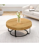 Simplie Fun Modern Round Coffee Table with Carved Pine Top and Metal Legs